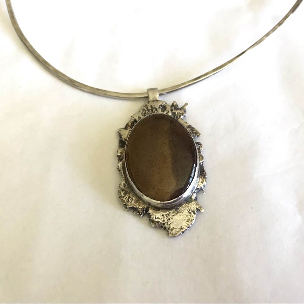 Petrified Wood Sterling Pendant Collar Necklace